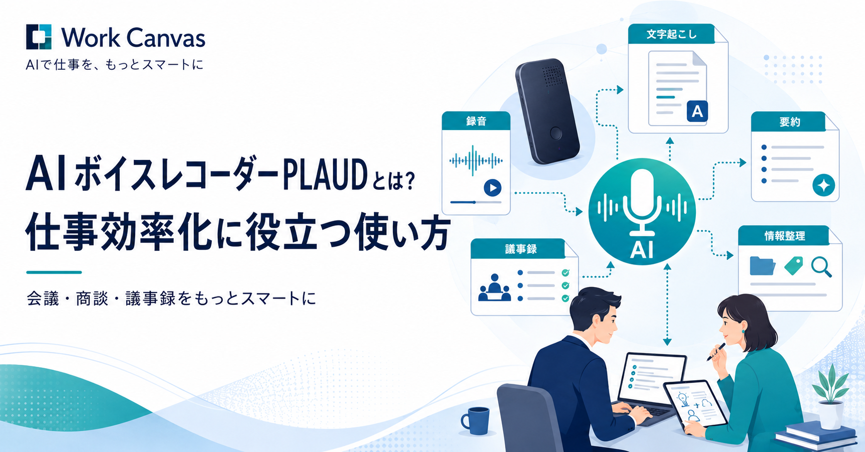 AIボイスレコーダーPLAUDを使った録音・文字起こし・要約・議事録作成のイメージ
